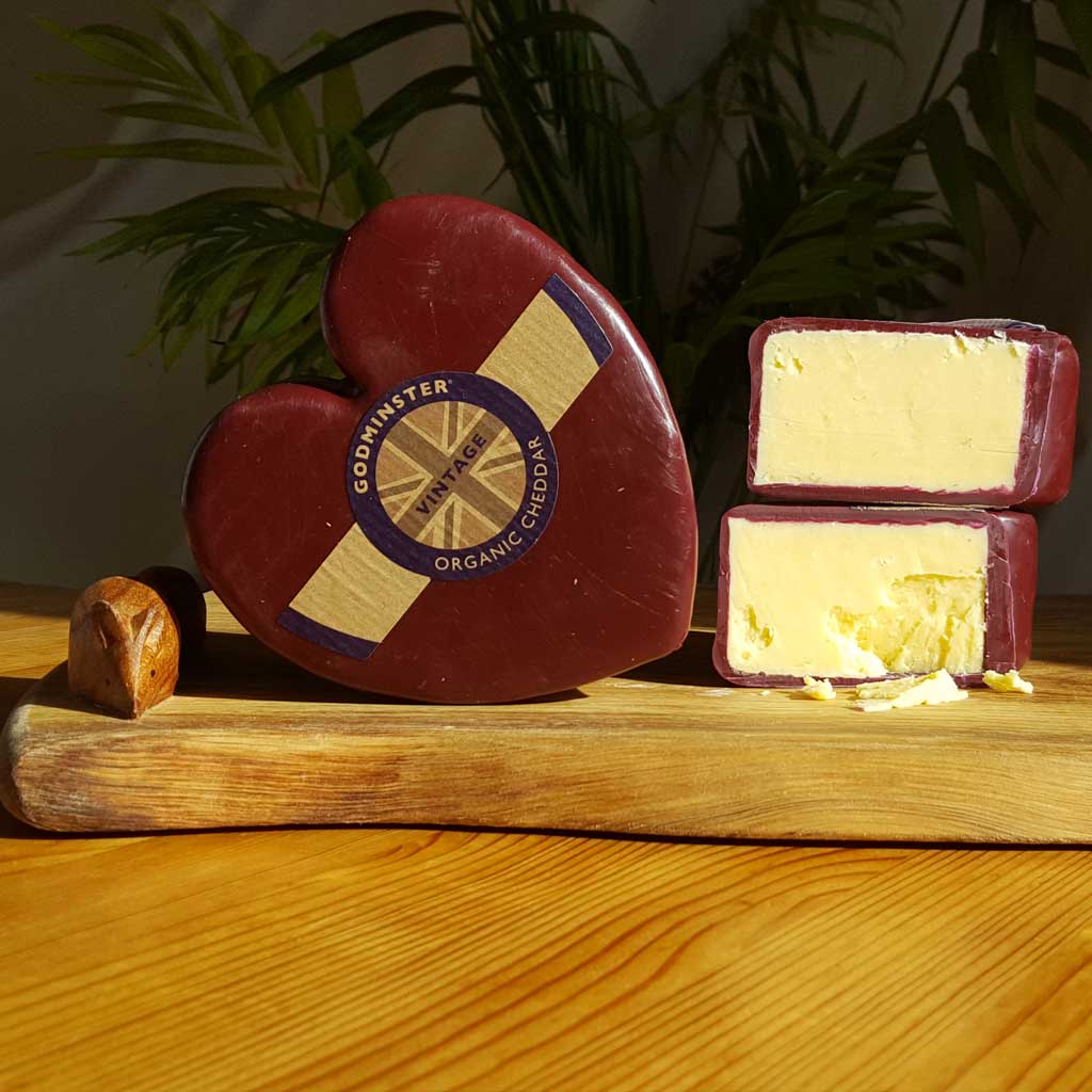 Godminster Cheddar Heart Cheese, burgundy waxed organic cheddar heart